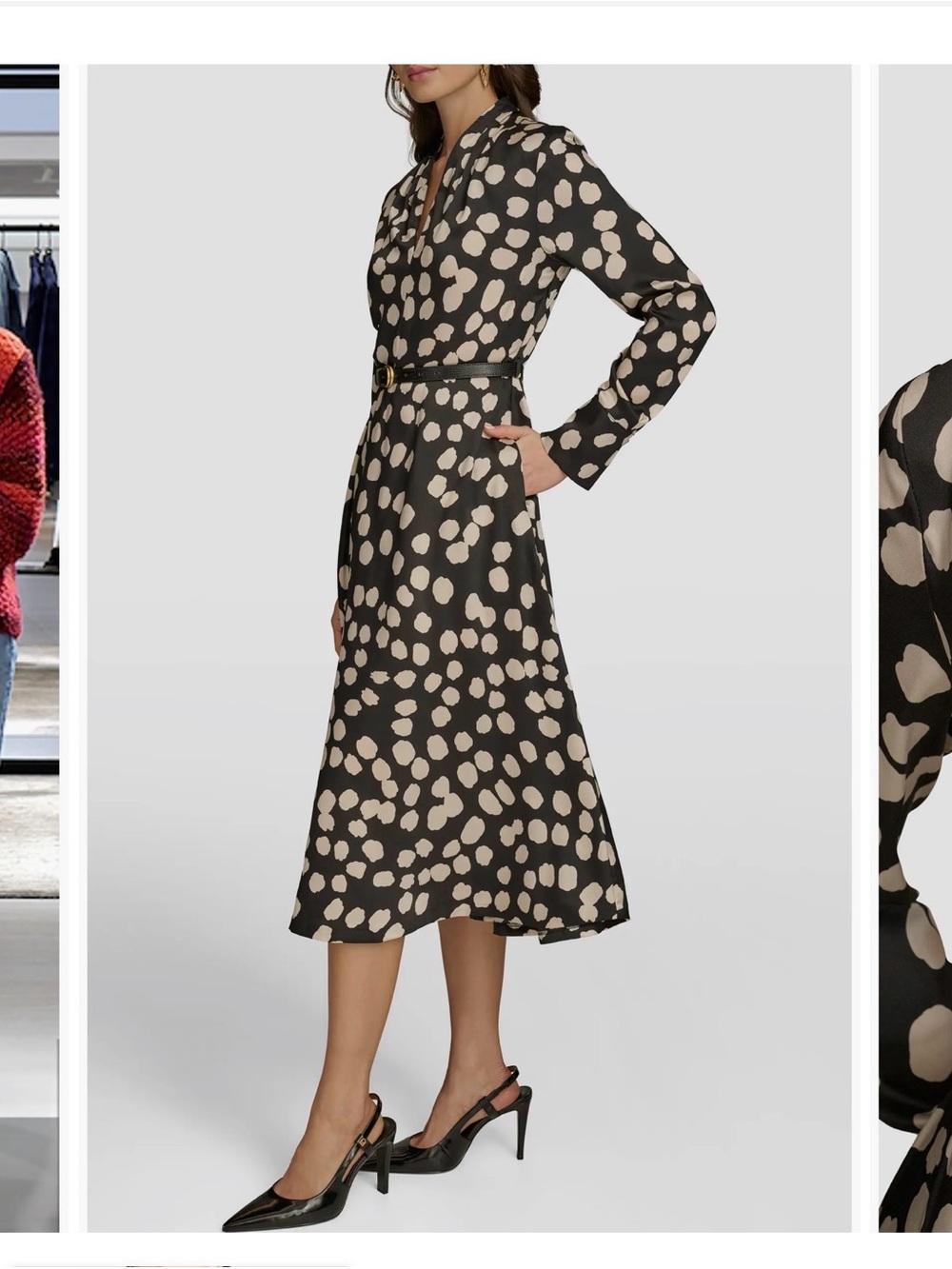 NWT Donna Karan Polka Dot Long Sleeve Midi Dress - Black and Cream